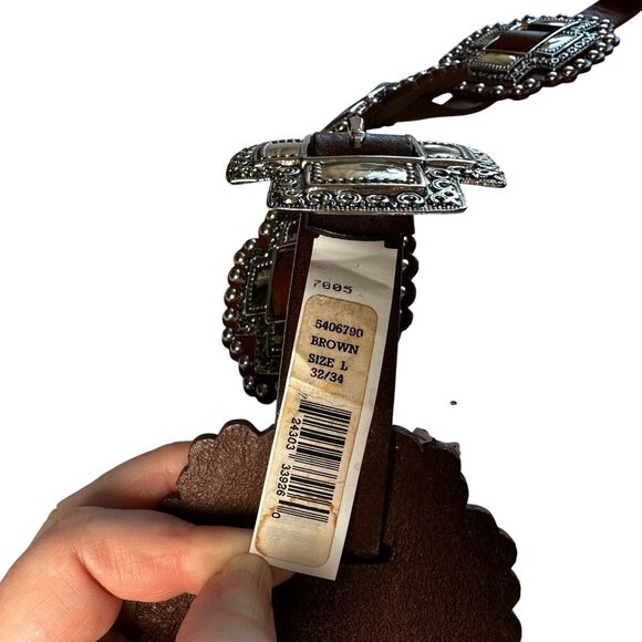 Vintage 80s Leather Concho Belt Brown Silver Hardware Heavy Western Large - Picture 9 of 10